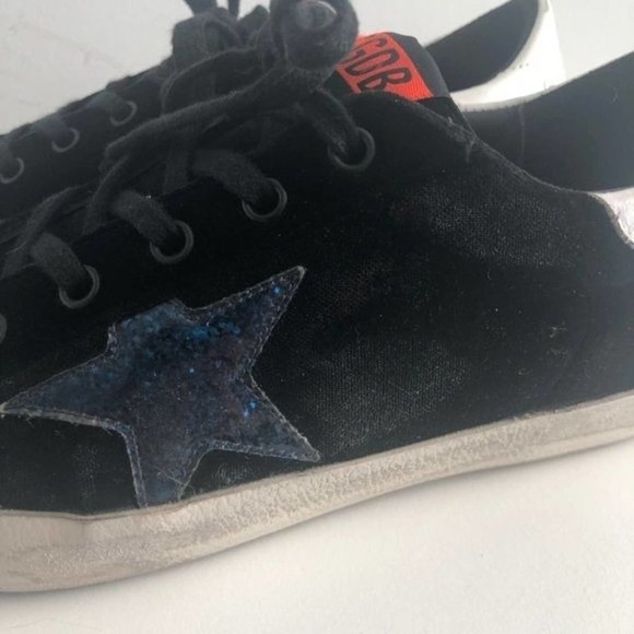 GOLDEN GOOSE Superstar Black Velvet Blue Glitter Star Lace Up Sneakers Size US 7 - Picture 8 of 14